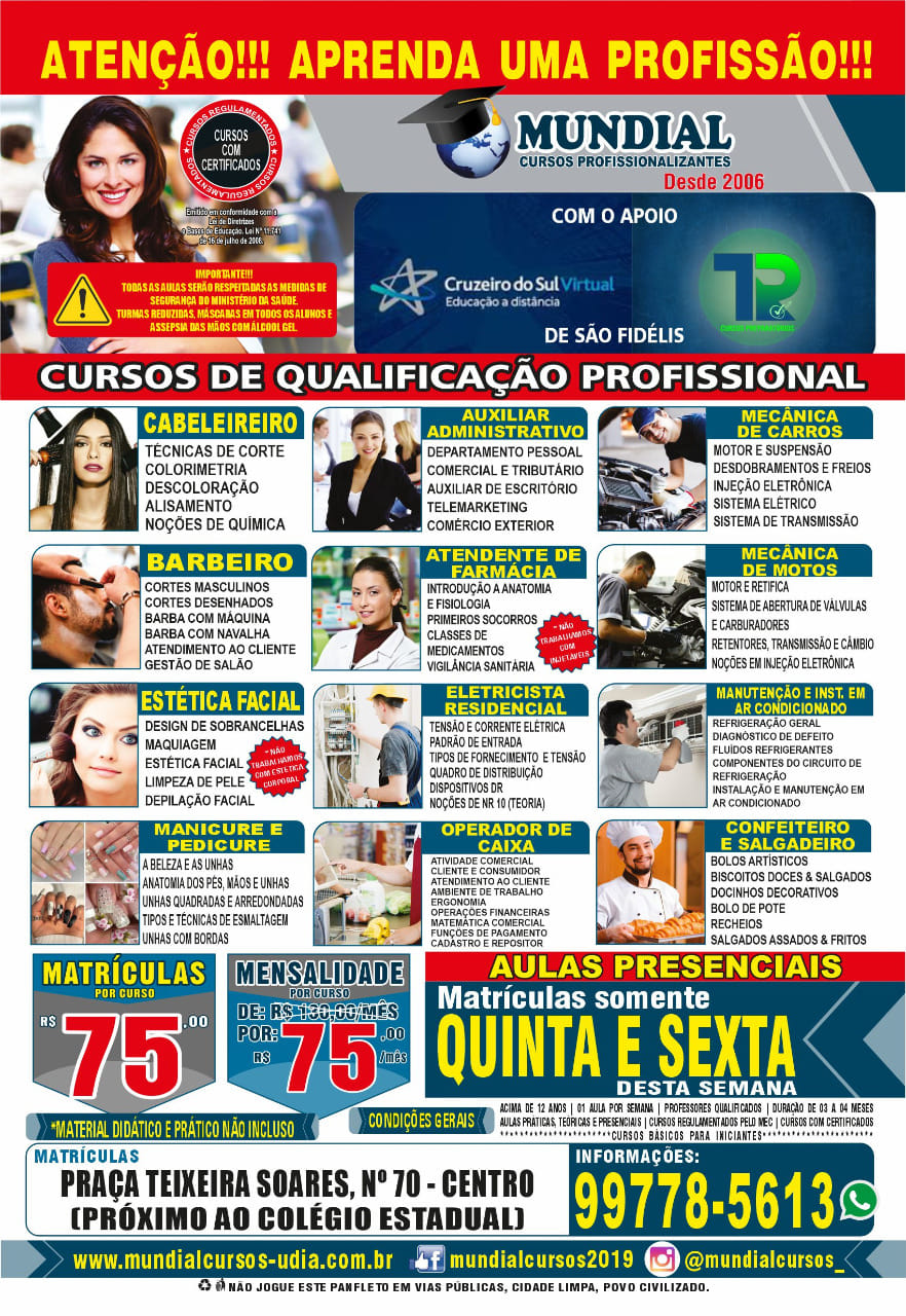 Mundial curso em parceria com a faculdade Cruzeiro do Sul oferecem cursos por apenas R$ 75,00 mensal